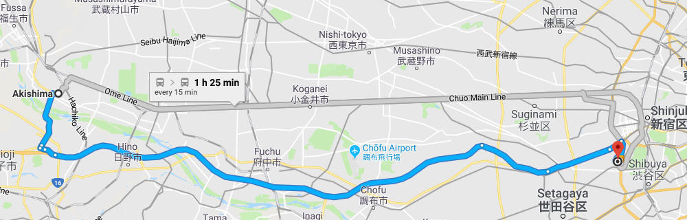 How to get from Akishima to the embassy in Tokyo